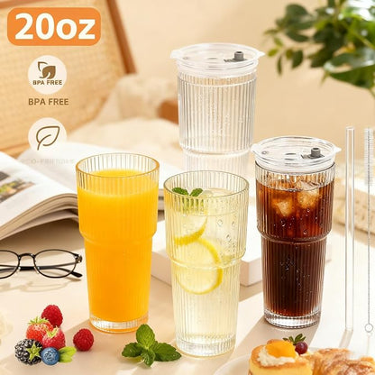 Glass Cups with Lids and Straws, 20oz Ribbed Glass Tumbler - Image 7