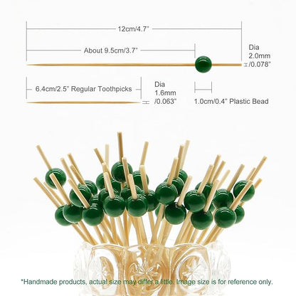 Minisland Dark Green Pearl Cocktail Picks, 4.7 Inch Long Bamboo Fancy Toothpicks for Appetizers, Decorative Christmas Holiday Party Food Drink Garnish Fruit Kabob Skewer Sticks 100 Counts - MSL452