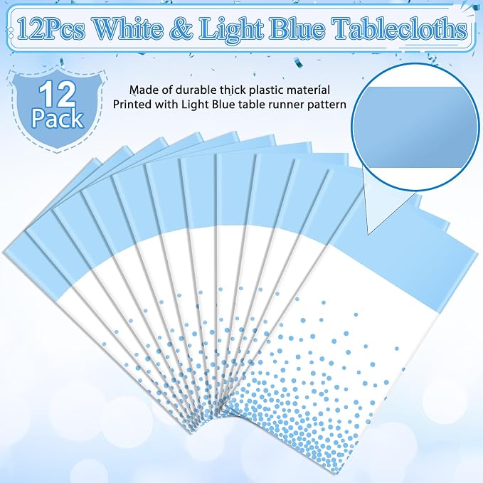 12Pcs White Light Blue Tablecloth Party Decorations, Plastic White Table Cloth - Image 2