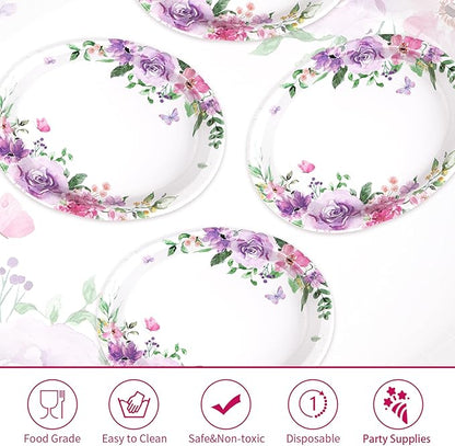 50Pcs Floral Oval Paper Plates 10" x 12" Large Heavy Duty Disposable Watercolor Purple Floral Butterfly Paper Plates Spring Rose Flower Dessert Platters for Bridal Shower Wedding Supplies Decorations