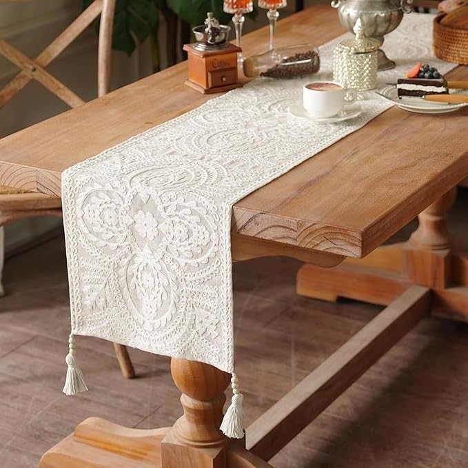 Embroidered Dresser Runner Lace Boho Scarf, 4 Tassel Pendants, Layered Accent - Image 2
