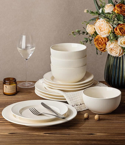 Ceramic Dinnerware Set for 4, 12-Piece Plates and Bowls Set | Lightweight - Image 5