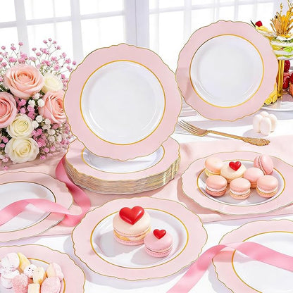 WDF 60pcs Pink Dessert Plates - 7.5inch Baroque Pink &White Disposable Dessert/Appetizer Small Cute Cake Plates for Upscale Parties &Wedding-Special for Baby Shower, Brithday, Valentine's Day