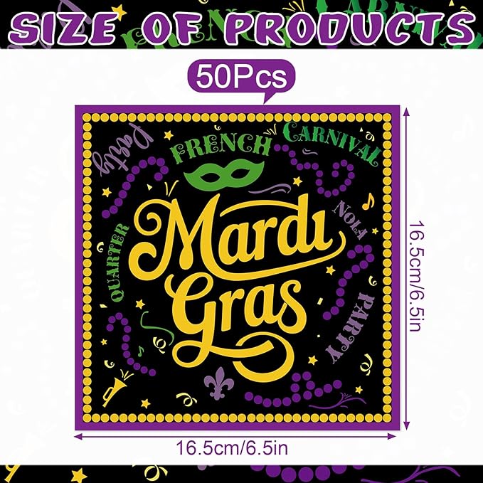 Mardi Decorations for Gras Party - 50PCS Mardi Party Gras Napkins Supplies Disposable, Fat Tuesday Carnival Paper Napkin Decor (Size 6.5 Inch)