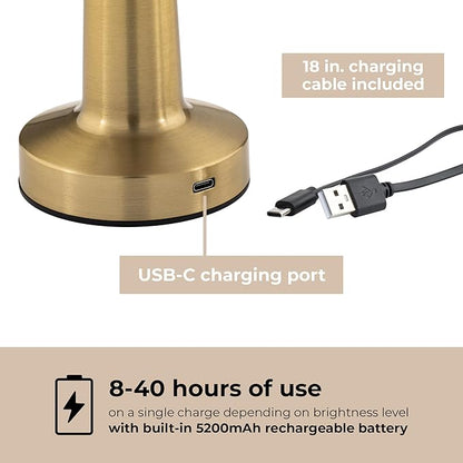 Radiance LED Cordless USB-C Re-Chargeable Desk Lamp, 5200mAh Battery Operated with 3 Color Temperature 2700K-3000K-3500K and Fingertip Touch On/Off Plus Dimming in Satin Brass