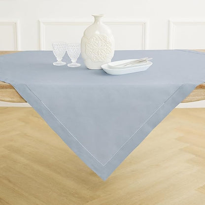 Solino Home Linen Tablecloth 52 x 52 Inch - 100% Pure Linen Dusty Blue Square Tablecloth - Classic Hemstitch, Machine Washable Table Throw for Winter, Spring, Easter