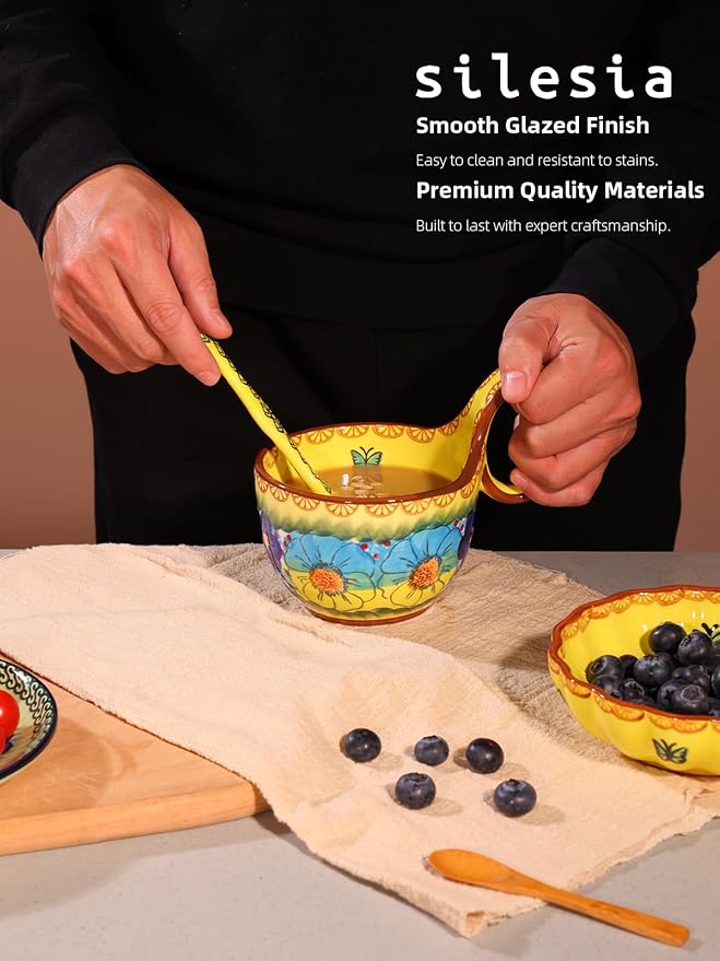 silesia Handmade Loop Handle Soup Bowl, Plate and Spoon Set Ceramic Hand - Image 6