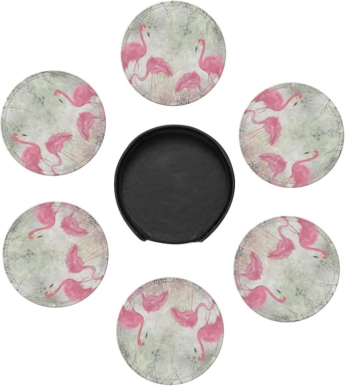 6 Pcs Pink Cute Flamingo Modern Art Boho Leather Coasters - Image 7