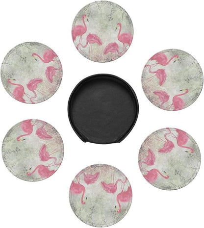 6 Pcs Pink Cute Flamingo Modern Art Boho Leather Coasters - Image 7