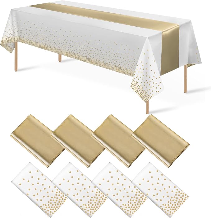 8Pack Disposable Plastic Tablecloths and Satin Table Runner Set White and Gold by MASHAN