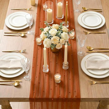 Artoid Mode Pearl Terrcotta Gauze Table Runner 120 Inch 10FT, Seasonal Sheer Dining Holiday Wedding Birthday Baby Shower Table Decor for Home Party