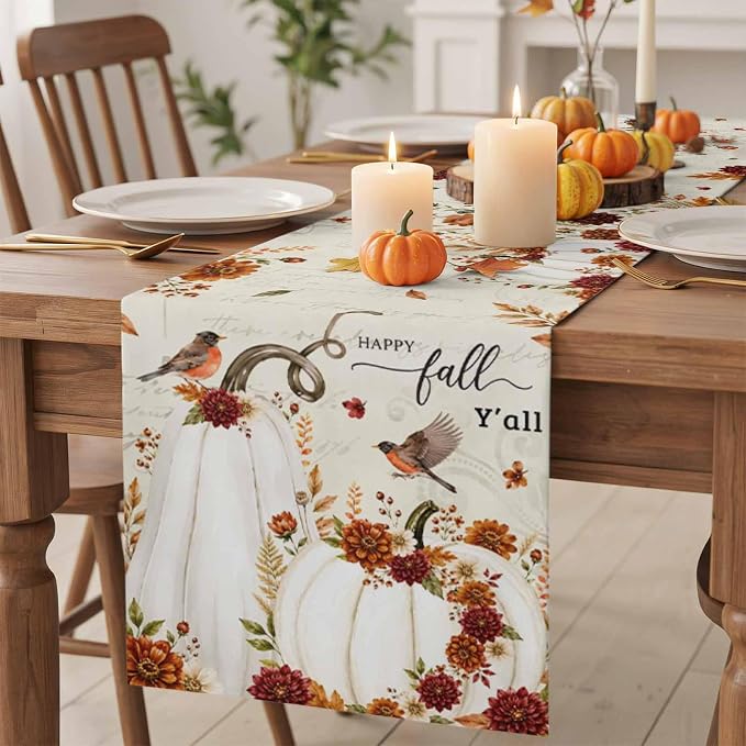 White Pumpkins Fall Table Runner 72 Inches Long, Thanksgiving Harvest Table - Image 2