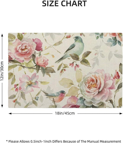 Floral Placemats Set of 4 Vintage Watercolor Bird Flower Decor Place Mats 12x18 Inch Spring Summer Seasonal Decorative Linen Table Mats for Home Kitchen Dining Party Table Decoration