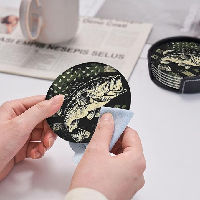 6 Pack Camouflage American Flag Bass Fish Leather Coasters - Image 3