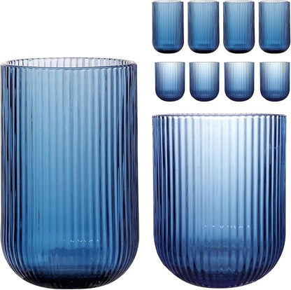 Set of 8 Ribbed Glassware, 4 Highball Glasses 14oz & 4 Rocks Drinking Glasses by WeirdUncle