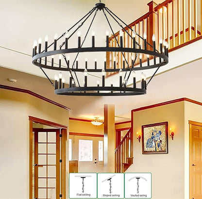 60 Inch Large Black Wagon Wheel Chandelier,2 Tier 54-Lights Farmhouse Industrial Country Style Round Pendant Light Fixture for Outdoor Porch high Ceilings Living Dining Room Foyer Entryway