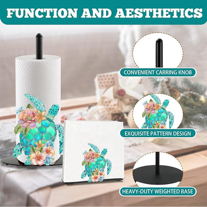 Sea Turtle Paper Towel Holder, Coastal Beach Ocean Countertop Decor Indoor with Round Base, Sea Turtle Gifts for Women, Iron Beachy Themed Napkin Holder Stand Accessories for Bathroom Kitchen, 2 PCS