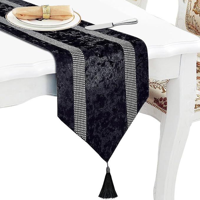 Elegant Sequin Rhinestone Black Table Runner, Ombre Velvet, Modern Style by Jiino