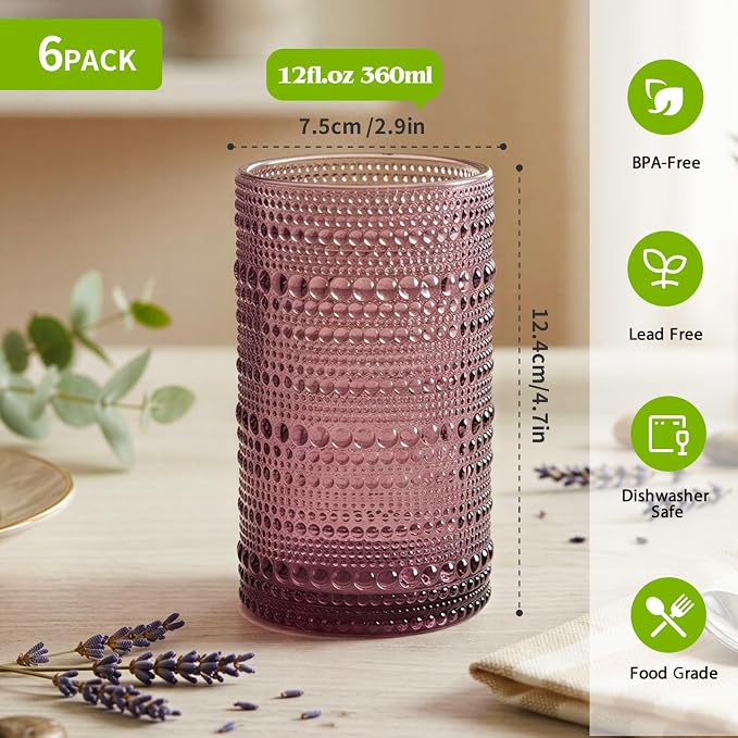 Moretoes Colored 12 Oz Hobnail Drinking Glasses Set of 6, Water Glass Cups | - Image 3