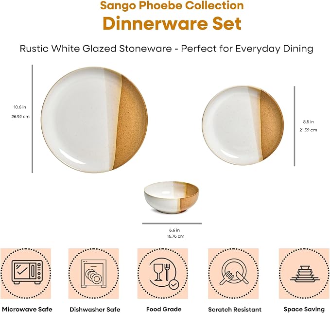 Sango 12 Pieces Stoneware Dinnerware Set, Glossy Caramel & Cream Dishes - Image 2
