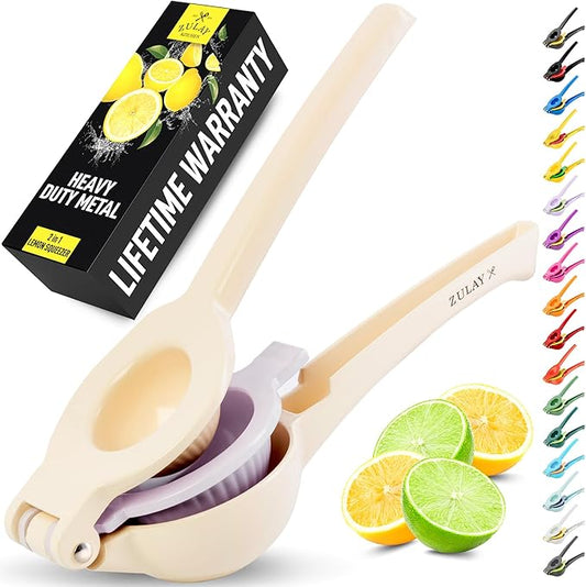 Zulay Kitchen Metal 2-in-1 Lemon Squeezer - Sturdy Max Extraction Hand Juicer Lemon Squeezer Gets Every Last Drop - Easy to Clean Manual Citrus Juicer Easy-Use Lemon Juicer Squeezer - Cream/Lavender
