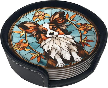 Drink Coaster Set of 6, Papillon Dog Mom Lover Gift,Leather Drink Coasters with Holder,6 Pack Cup/Bar/Drink Coasters for Table/Drinks/Coffee Protection Housewarming Gift