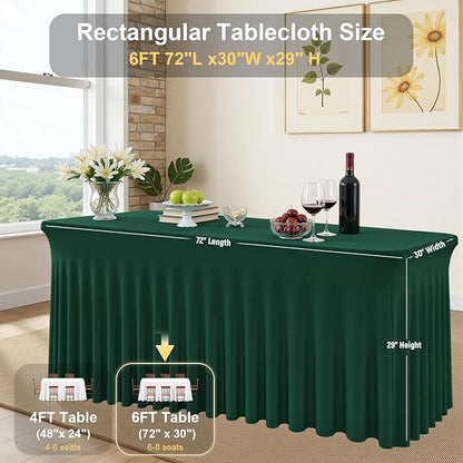 6 Pack Dark Green Rectangle Tablecloth with Elastic Table Skirt – 6FT Fitted Spandex Table Cover, 72 Inch Wrinkle-Resistant & Stretchable for Christmas Party Banquet Buffet Restaurant