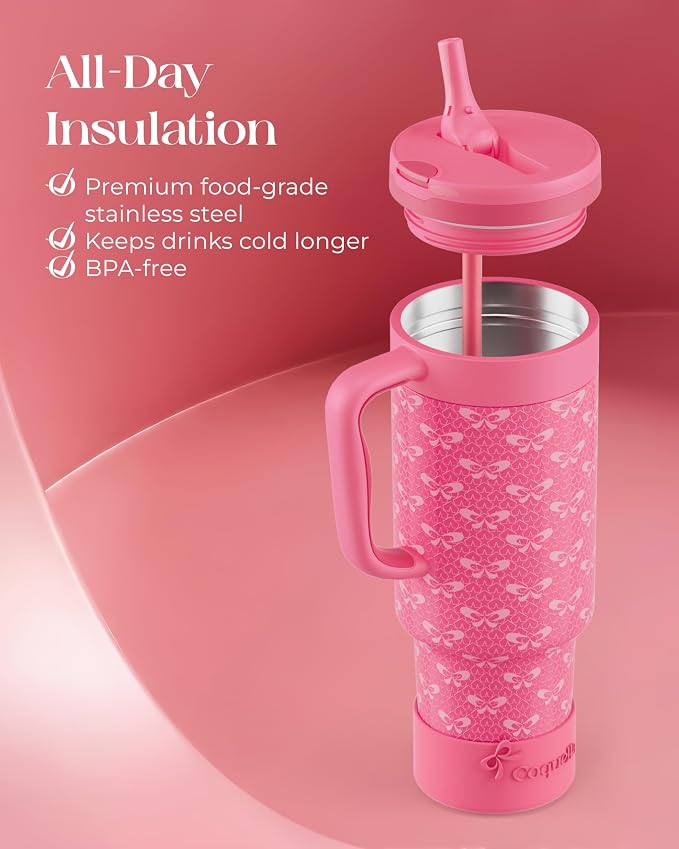 40 oz Insulated Tumbler with Handle and Push-Button Straw Lid, Stainless Steel - Image 4