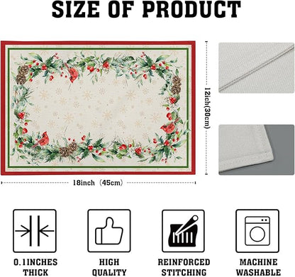 Winter Holly Branches Placemats Set of 4, Xmas Red Birds Pine Cone Dining Table Place Mats Linen Fabric Desk Top 12 x 18 Inch for Seasonal Holiday Home Kitchen Decor