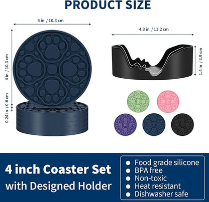 Blue Silicone Coasters with Holder, 4 Inch Non-Slip Coffee Round Cup Mats, Modern Bar Coaster Set of 6 for Desk, Table, Drink, Beer, Berverage - Dishwasher Safe