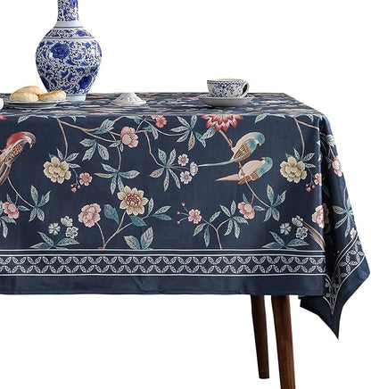 patdrea Designer Dark Blue Linen Rectangle Tablecloth,Vintage Navy French Floral and Birds Pattern Table Cloth,Decoration Table Cover for Kitchen,Dining,Tea Party,Home,Christmas,63"*87"