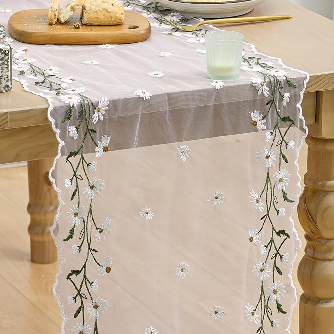 Artoid Mode Daisy Floral Light Pink Shaped Gauze Embroidery Table Runner 120 by ArtoidMode