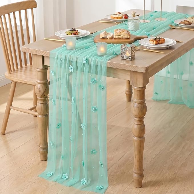 Artoid Mode Turquoise Flower Pearl Gauze Table Runner 10FT, Seasonal Sheer - Image 4