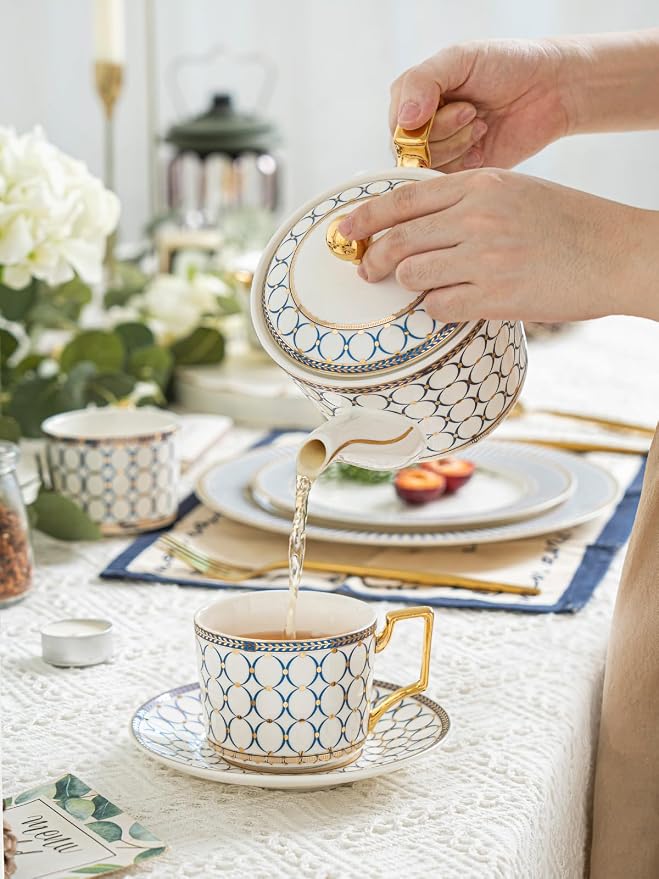 7 Oz Bone China Blue Tea Cup and Saucer Service - Image 4