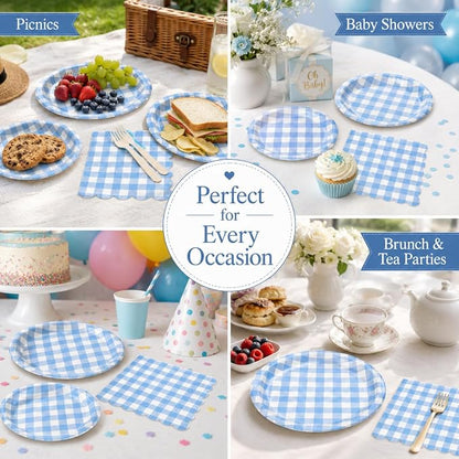 150PCS Blue Gingham Paper Plates & Napkins -Checkered Birthday Party Decor | - Image 8