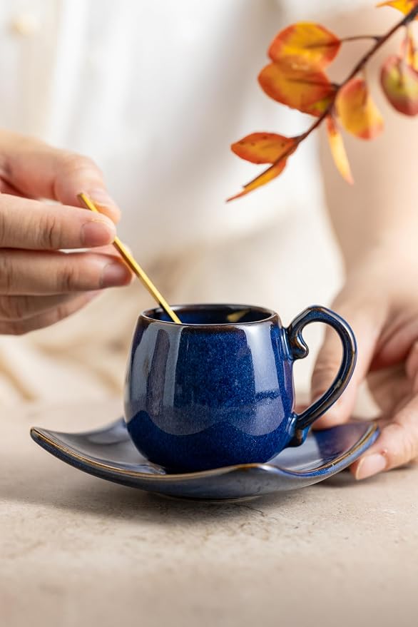 LYEOBOH 3oz Espresso Cups with Saucers, Small Coffee Cups Set of 6 with Spoons - Image 7