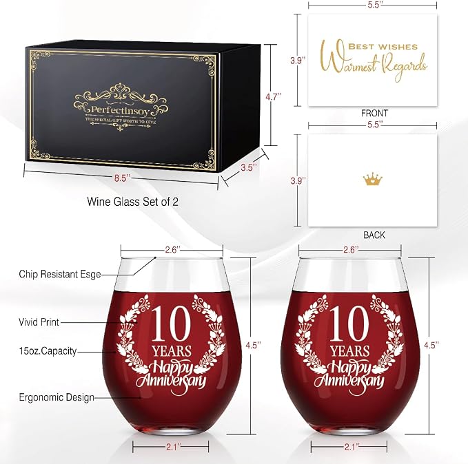 Perfectinsoy 10 Years Happy Anniversary Wine Glass Set of 2, 10th Anniversary - Image 2