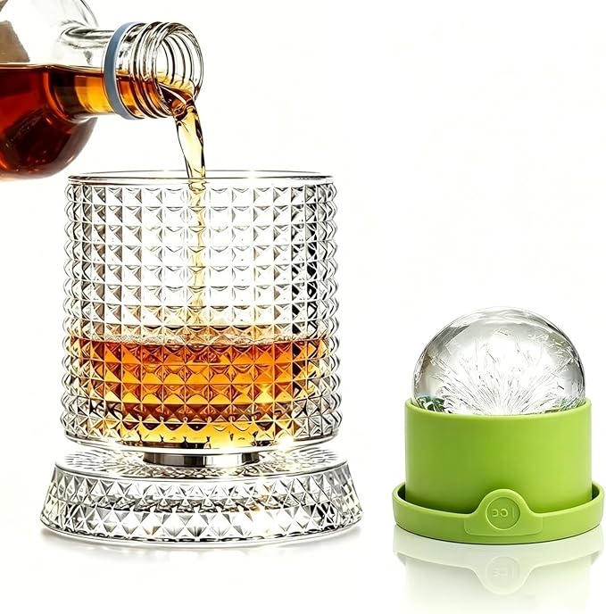 Spinning Whiskey Glass with Large Ice Ball Mold, 360° Rotating Crystal Rocks by Pewfugu