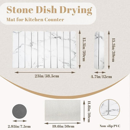 Large Stone Drying Mat for Kitchen Counter, Collapsible Dish Drying Mat Quick Drying Super Absorbent Diatomaceous Earth Mat, Drain Pad for Dishes Bottles Cups Match Any Countertop 24" x 16"