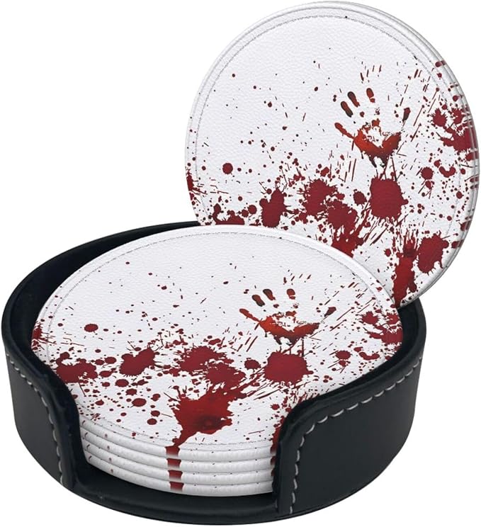 6 Pcs Halloween Haunted House Decoration Scary Bloody Handprint Leather Coasters - Image 3
