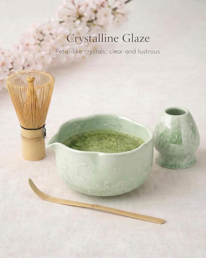 4-Piece Matcha Set, Crystal Glazed Bowl and Bamboo Whisk | Handcrafted Petal - Image 3
