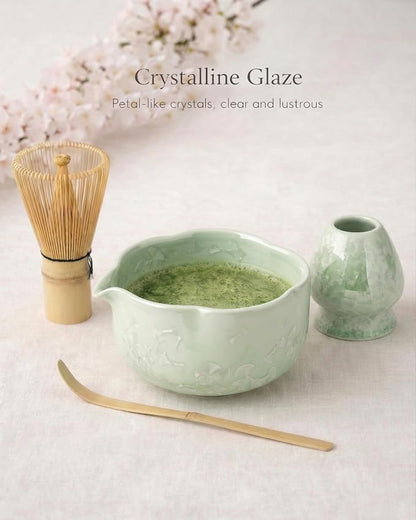 4-Piece Matcha Set, Crystal Glazed Bowl and Bamboo Whisk | Handcrafted Petal - Image 3