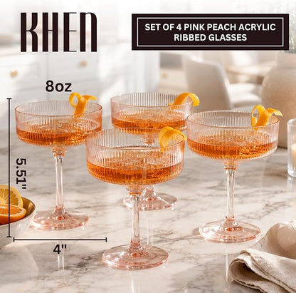 Khen Pink Peach Acrylic Ribbed Coupe Martini Champagne Cocktail Glasses - Image 2