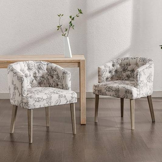 Mid-Century Dining Chairs Set of 2, Tufted Upholstered Linen Dining Room Chairs Comfy Side Chair Armchair Guest Chair with Wooden Legs for Dining Room Living Room, Floral Pattern