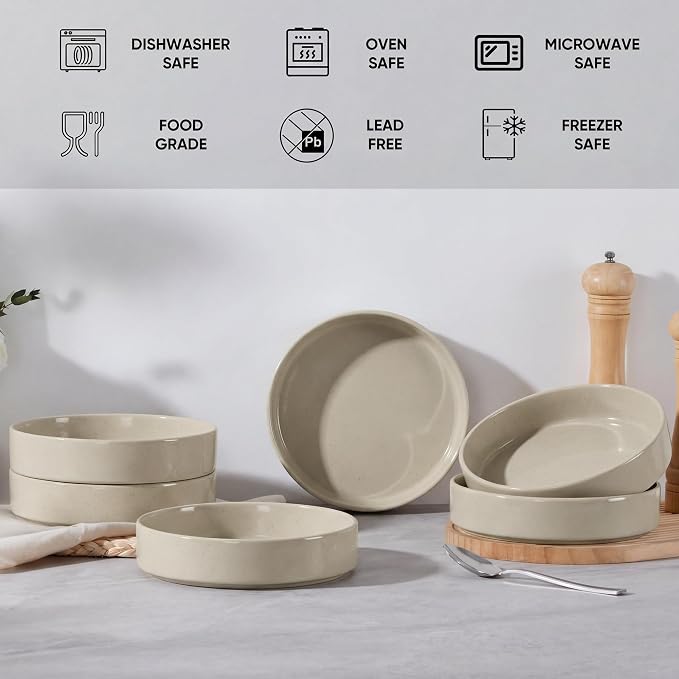 E-far Pasta Bowls Set of 6, 35 oz Large Stoneware Bowl Plates | Shallow & Wide - Image 7