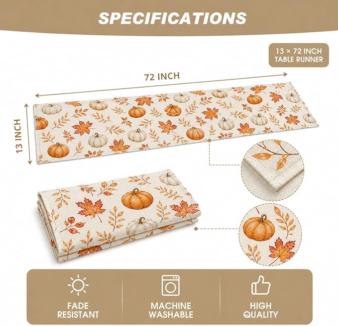 Orange Pumpkins Maple Leaves Table Runner, 13 x 72 Inch, Thanksgiving | - Image 4