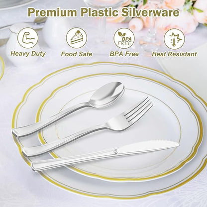 200 Count Heavy Duty Silver Plastic Silverware, 100 Forks, 50 Spoons, 50 Knives, BPA-Free, Heat Resistant, Disposable Plastic Utensils Set Cutlery Set, Plasticware Bulk