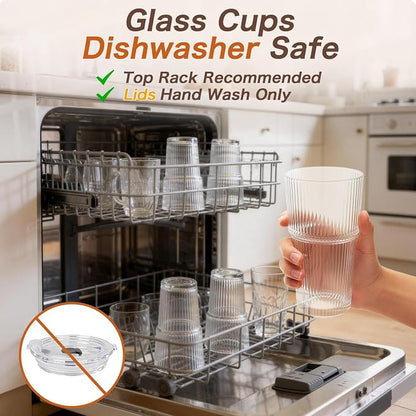 20oz Glass Tumblers with Lids and Straws, Ribbed Glassware - Image 3