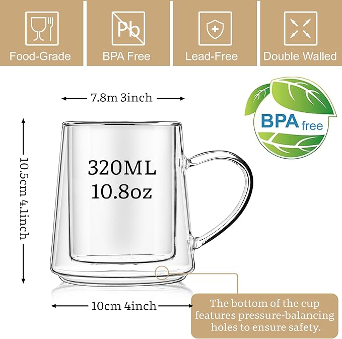 Joeyan 10.8oz Double Wall Glass Coffee Mugs Set of 2, Insulated Clear Glass - Image 2