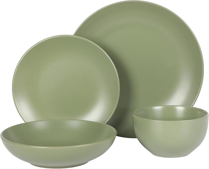 Gibson Home Queenslane 16-Piece Matte Green Stoneware Dinnerware Set – Double - Image 7